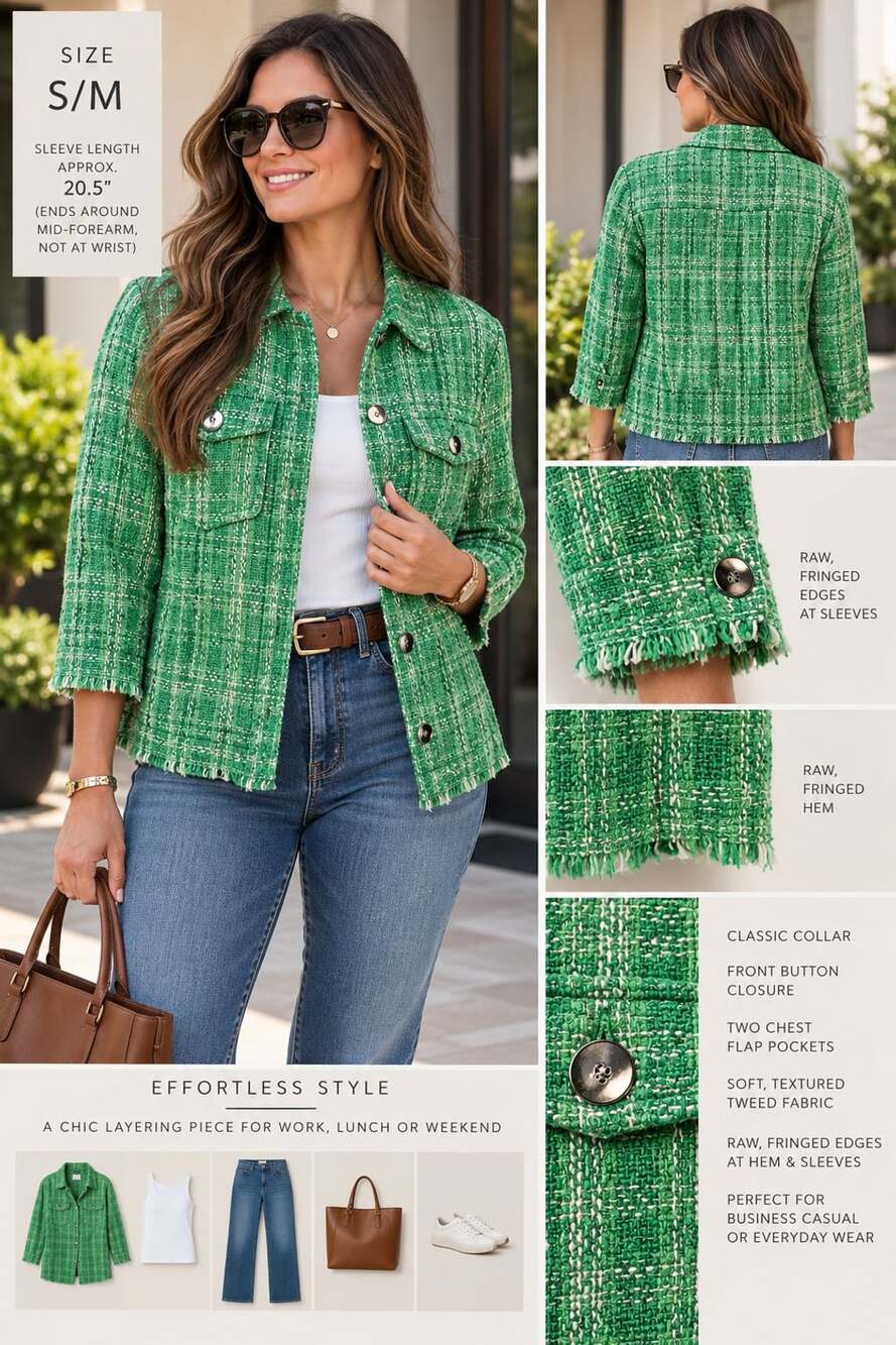 Zara Green Tweed Textured Shirt Jacket Shacket Size XS